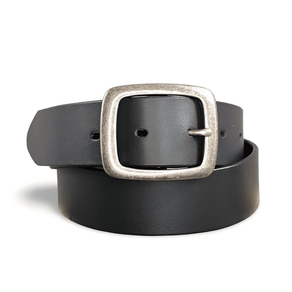 black 38mm wide leather belt with classic style center bar antique silver buckle