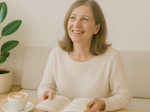 woman in white sitting in a coffee shop